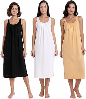 Cotton Full Length Long Camisole for Women - Long Innerwear Petticoat - Plus Size Nighty - Kurti Slip - Suit Slip - Cream White Black Color Pack of 3