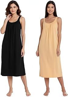Cotton Full Length Long Camisole for Women - Long Innerwear Petticoat - Plus Size Nighty - Kurti Slip - Suit Slip - Cream Gold Black Color