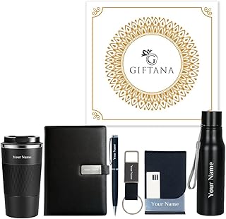 Giftana Personalized Notebook Diary, Coffee Tumbler, Water Bottle, Keychain, Card holder, Pen Gift Set, 6 in 1 Personalized Gifting Items for Men and Women, Diwali Corporate Gifts for Employee (Black)