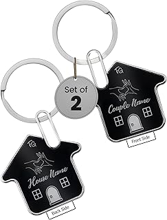 Couple Keychain Set with Name & House Engraving – Custom Keychains for Him & Her | Personalized Name Tag Key Chain Pair, Matching Couple Key Tags, Customized Home Keyring Set | Gift Box Included