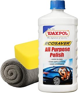 Waxpol Ecosaver All Purpose Polish 1L with Microfiber & Sponge for Multi Surfaces Car, Bike, Vinyl, Dashboard, Tyre, Rubber, Plastic, Leather