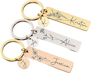 Stainless Steel Personalized Keychain With Birth Flower, Custom Name, Engraved Keyring, Initial, Birthday Gift for All, Gold