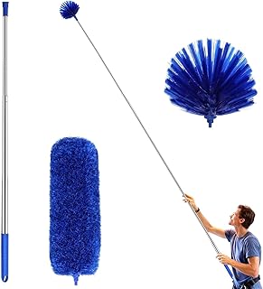2 in 1 Long Handle Microfiber Ceiling Duster with Cobweb Duster for Dust Cleaning, extendable Pole 30-100 Inch with Anti Scratch Telescopic Rod, high-Altitude dust Collector (Blue)