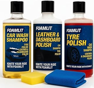 FOAMLIT Car Care Kit – Car Wash Shampoo, Leather & Dashboard Polish & Tyre Polish | Car Washing Accessories | Premium Car Cleaning Combo with Sponge & Microfiber Cloth, 1Ltr 3 Pack Combo