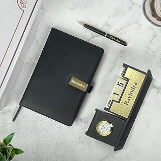 Giftana Personalized Desk Organizer with Notebook Diary Pen with Name, Customized Employee Welcome Kit, Personalised Gift for Doctors, 3 in 1 Customised Diwali Corporate Gift Set for Employee (Black,Golden)