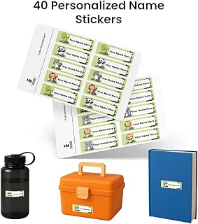 Personalized Waterproof Name Label Stickers for Kids - 40 Custom Labels (6.4cm x 2cm) | Ideal for Water Bottles, Books, Lunch Boxes & Stationery | Not for Clothing (Cute Animals Combo)