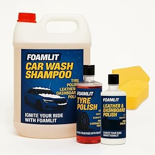 FOAMLIT 5Ltr Car Wash Shampoo, Tyre Polish(1ltr), Leather & Dashboard (1ltr) Polish, Car Cleaner Accessorious, Pack Of 3 With Microfiber Cloth & Sponge Free, Car Cleaner Shampoo, Tyre Shiner Polish