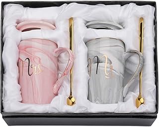 CPENSUS Ceramic Marble Finish Coffee Mug With Lid & Spoon For Anniversary Wedding Engagement Valentine Gifts For Couple 380 ML