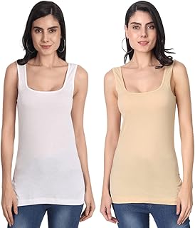 Women's Regular Fit Sleeveless Cotton Long Camisole Slip Spaghetti Combo Pack of 2