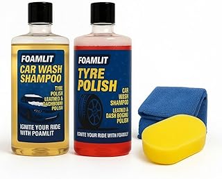 FOAMLIT Car Wash Shampoo & Tyre Polish Combo – Premium Car Washing Accessories with Microfiber Cloth & Sponge | High-Foam Shampoo + Deep Black Tyre Shiner for Cars & Bikes