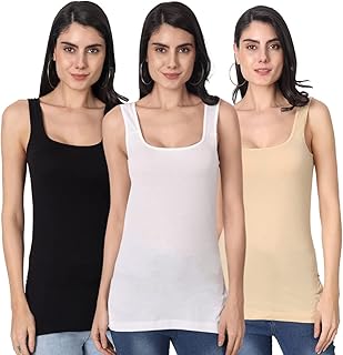 Women's Regular Fit Sleeveless Cotton Long Camisole Slip Spaghetti Combo Pack of 3