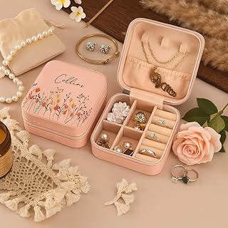 PRIMIT Personalized Jewelry Box with Name & Birth Flower – Custom Travel Jewelry Organizer Case – Bridesmaid, Birthday, Christmas Gift for Women & Girls (Peach)