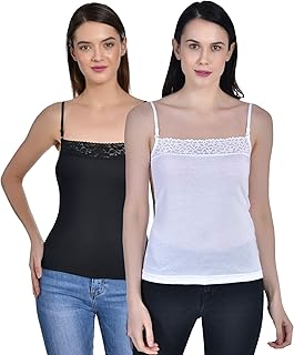 Women's Cotton Lace Spaghetti Slip with Transparent Strap Camisol Pack of 2