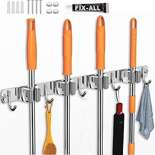 Stainless Steel Holder Wall Mount For Broom & Mop – 4 Racks 5 Hooks Non-Slip Cleaning Tool Organizer with Screw Set & Bonding Tube