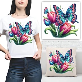S.A.V.I Vibrant Butterfly & Tulip Iron-On Heat Transfer Patch | 8.5x7.5 Inch Washable Applique for DIY T-Shirts, Hoodies, Pillows, Clothing, Backpacks & Home Décor | No-Steam Easy Application