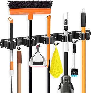 JIALTO Broom Holder and Mop Organizer | Mop Holder For Wall Without Drilling with 5 Slots and 4 Hooks for Kitchen, Garage, Garden, and Utility | Space Saving Cleaning Tool Organizer (Black)
