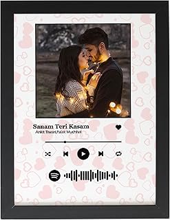 Personalized Premium Print Wall Mount Music Frame With Photo Upload | Heart Background Spotify Song Link Qr Code Frame With Your Photo|Synthetic Framed With Plaxiglass - Peach & White - 8X10 Inch