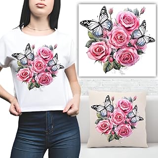 S.A.V.I Pink Rose & Black Butterfly Heat Transfer Patch | Iron-On Applique for DIY Clothing, T-Shirts, Hoodies, Backpacks | Washable, Durable, Vibrant Design (7x8.5 in) - 1PC
