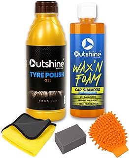 Premium Car Cleaning Combo | 500 ml Tyre Polish Gel + 500 ml Wax & Foam Shampoo | Microfiber Cloth 400gsm, Sponge & Wash Mitt | Car & Bike Care Kit