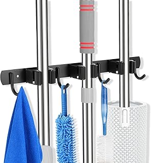JIALTO Broom Holder and Mop Organizer | Mop Holder For Wall Without Drilling with 3 Slots and 4 Hooks for Kitchen, Garage, Garden, and Utility | Space Saving Cleaning Tool Organizer (Black)