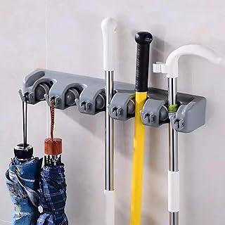 PulGos Wall-Mounted Mop & Broom Holder – Organizer Rack with 5 Slots & 6 Hooks for Cleaning Tools, Garage, Kitchen, Garden & Home – Grey