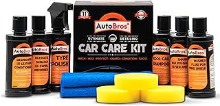 AutoBros Car Care Kit - Includes Dashboard Polish, Tyre Polish, Car Shampoo, Car Wax, Windshield Washer & Scratch Remover, 2 Microfiber Cloths, 3 Applicators Pad - Car Washing Kit