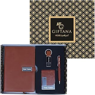 Giftana 4 in 1 Personalized Diary with Pen, Card Holder and Metal Keychain Gift Set with Name, Personalised Gift Set for Doctor, Husband, Diwali Gifts, New Year Corporate Gift for Employee- Brown