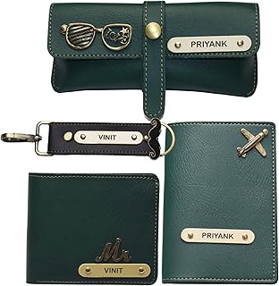 Personalized Name & Charm Leather Wallet Mens Combo Gift Set Nexon Leather | Customized Birthday Anniversary Office Gifts for Man | Customized Gift Hamper for Men (Green)