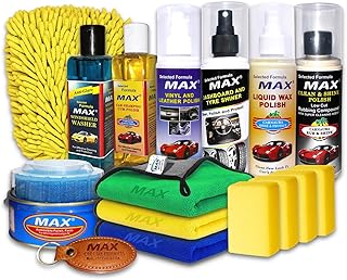 MAX Premium Car Care Kit - EXTREME (6 Pc of 200 ML, 3 Pc Microfiber Cloth 800 GSM, 1 Pc Microfiber Wash Mitt, 1 Pc Auto Wax Polish, 4 Pc Foam and 1 Pc Keychain) for Car Cleaning, Washing and Polishing