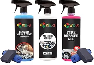 WE-3 Car Care Kit - Includes Dashboard Polish, Premium Wash and Wax Shampoo, Tyre Polish Gel, 400GSM Microfiber Cloth, Sponge for Car Cleaning and Detailing (7 Pieces, 1LTR)
