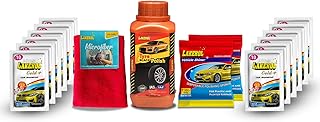 Lakerol Car Care Combo: 200ml Tyre Black Polish, 12 Sachets of Lakerol Gold+ Shampoo, 500GSM Microfiber Cloth, and 2Pcs Car Polish Sponges