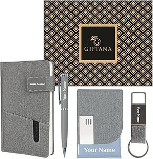 Giftana 4 In 1 Personalized Jute Cover Diary With Pen,Card Holder And Keychain Gift Set With Name,Personalised Gift Set For Doctor,Husband,Father,New Year Corporate Gift For Employee - Grey, 200 Pages