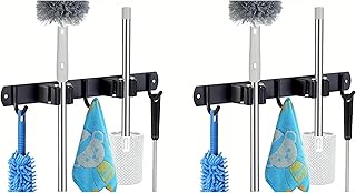 JIALTO 2 Pcs Adhesive Broom Holder and Mop Organizer | Mop Holder For Wall Without Drilling with 2 Slots and 3 Hooks for Kitchen, Garage, Garden, and Utility | Space Saving Cleaning Tool (Black)