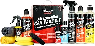 Wavex Car Polish Kit 12 Pcs | Includes Car Dashboard Polish, Car Wax, Tyre Polish, Car Shampoo, Windshield Washer & Car Freshener, Scratch Remover, 2 Cloths, 3 Applicators - Car Washing Kit