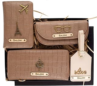 AICA Personalized Name & Charm Self-Textured Leather Wallet Giftset for Women (Brown) | Customize Combo Office Corporate Giftset Gifts for Women Employees Clients Staff Office Colleague