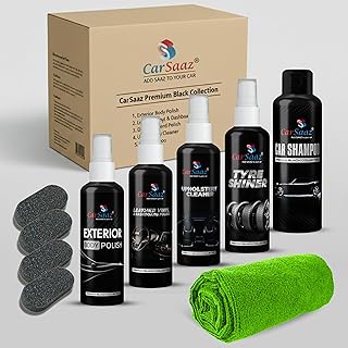 CAR SAAZ Car & Bike Care Kit (10 Items) | Exterior Polish, Dashboard Polish, Shampoo, Upholstery Cleaner, Tyre Shiner 100 ML Each, 4 Applicators & Cloth | Interior & Exterior Cleaning & Shine Pack