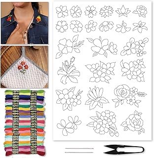 Embroiderymaterial Hand Embroidery Patches Kit - 24 Floral Designs with Water Soluble Transfer Paper, 25 Threads, Needles & Cutter - Complete Stick and Stitch Embroidery Set for Clothing & Crafts