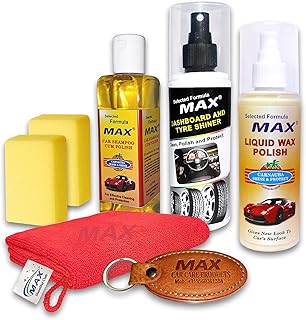 MAX Classic Car Wash & Wax Kit (Pack of 7 Pcs) - Contains 200 ML Each of Dashboard - Tyre Shiner, Liquid Wax Polish, Car Shampoo, 1 Pc Microfiber Cloth for Car Cleaning, Washing and Polishing