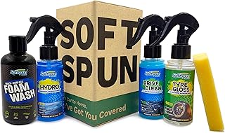 SOFTSPUN Essentials Car Clean & Wash Starter Kit - Made for Cars and Motorcycles 5 Piece Kit, Total 500ml, combined (Shampoo, Windshield Washer, Tyre Polish, Multi-Purpose Cleaner, 1 Foam)