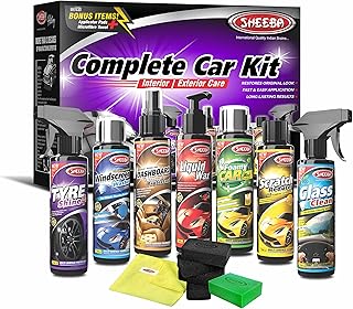 SHEEBA CAR KIT Complete Care for Interior & Exterior with Liquid Wax Polish, Leather Protectant, Tyre Shine, Scratch Reducer, Glass Clean, Foamy Shampoo, Windscreen Wash Towel & Applicator Pads.