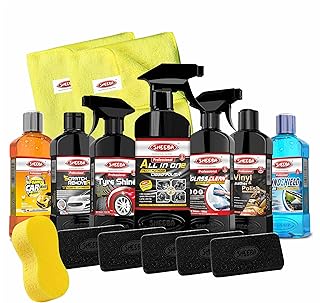 SHEEBA All in one Car Polish Kit with Scratch Remover, Leather Care, Car Wash Shampoo, Tyre Shine, Glass Clean, Windscreen Wash, Detailing & Washing Applicator Pad & Microfiber Towels-(Model P11).